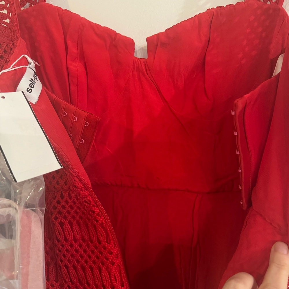 Self Portait Lattice Lace Midi Dress in Red - Picture 15 of 16
